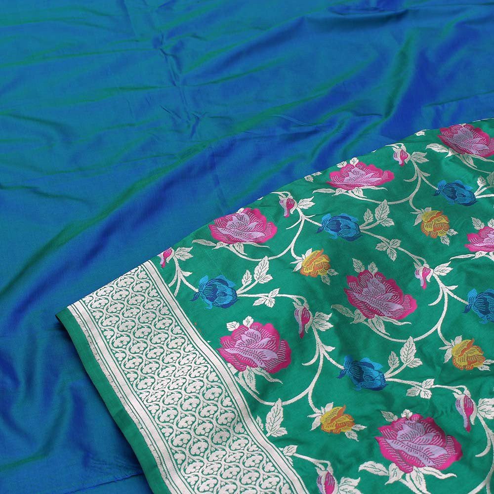 Green Pure Katan Silk Dupatta &amp; Blue-Green Pure Katan Silk Fabric
