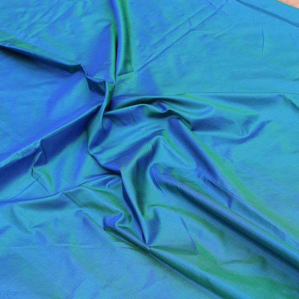 Green Pure Katan Silk Dupatta &amp; Blue-Green Pure Katan Silk Fabric