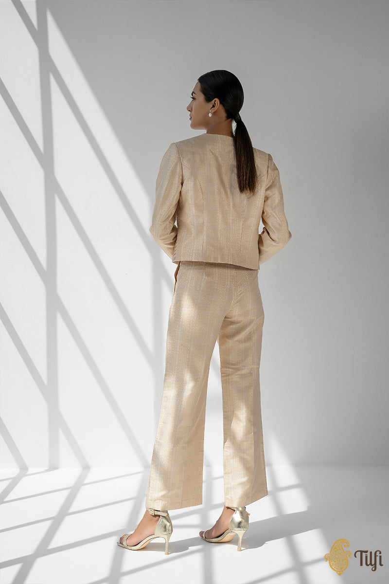 Soft Beige Handwoven Katan Silk Pant Suit Set