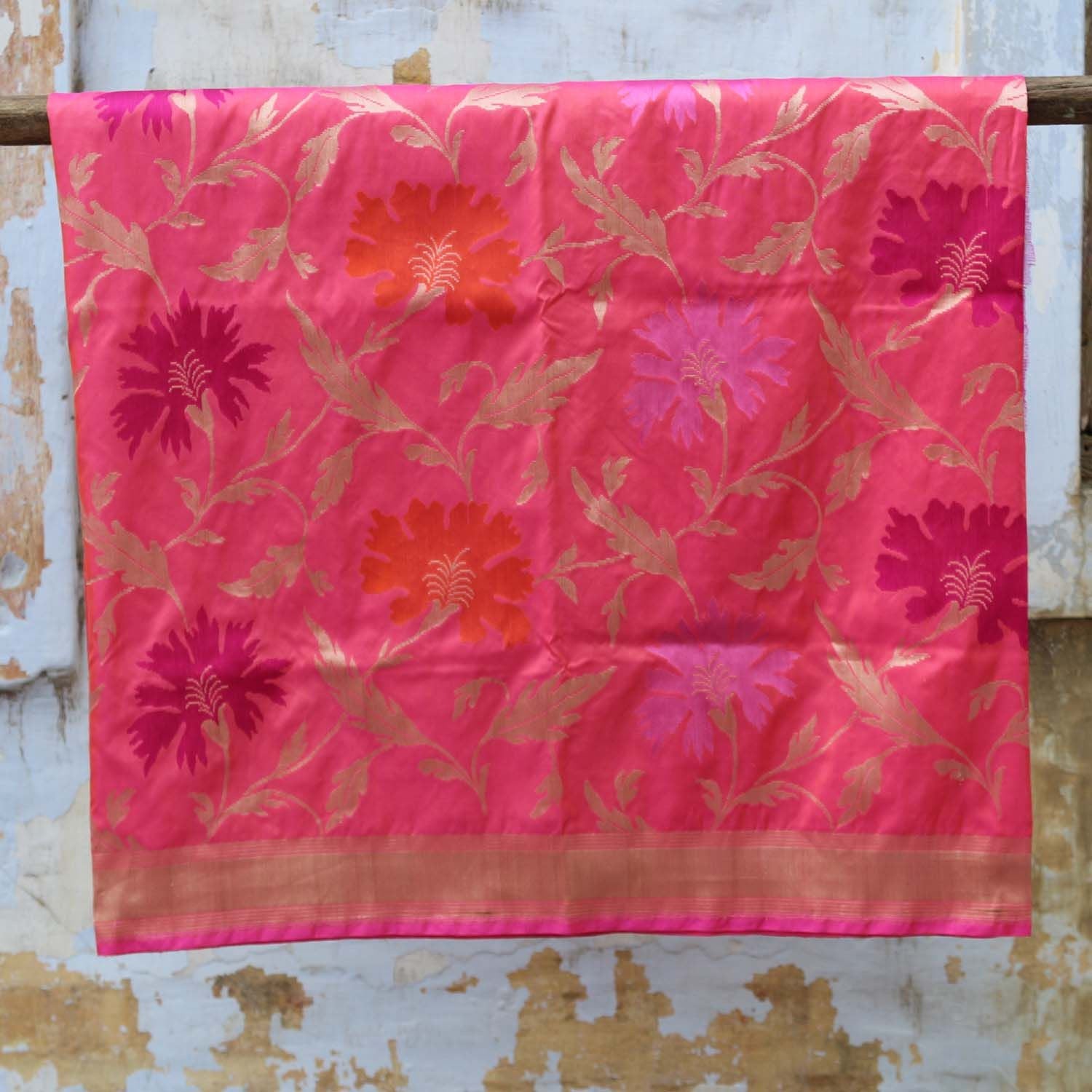 Indian Pink-Peach Pure Katan Silk Banarasi Handloom Dupatta - Tilfi