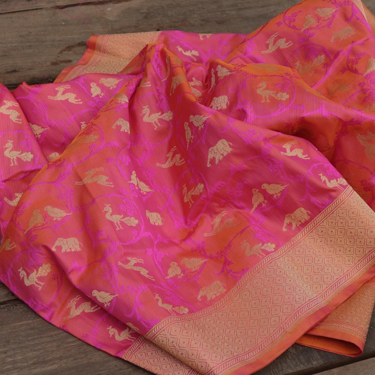 Gold-Rose Pink Pure Katan Silk Banarasi Handloom Dupatta - Tilfi