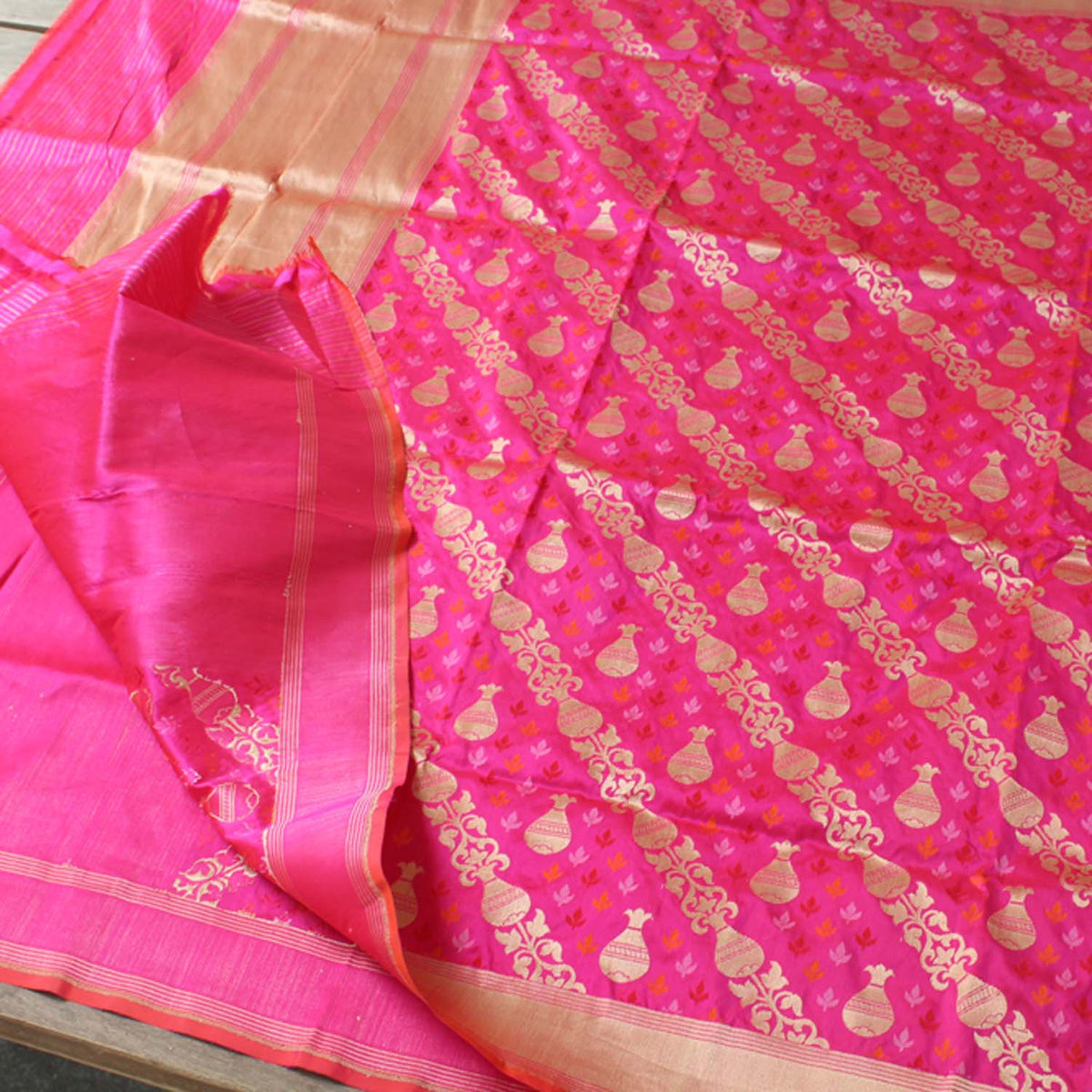 Orange Rose-Pink Pure Katan Silk Banarasi Handloom Dupatta - Tilfi - 5