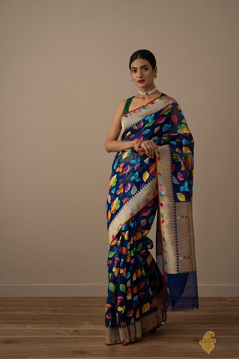 &#39;Kamini&#39; Royal Blue Pure Kora Silk Banarasi Handloom Saree