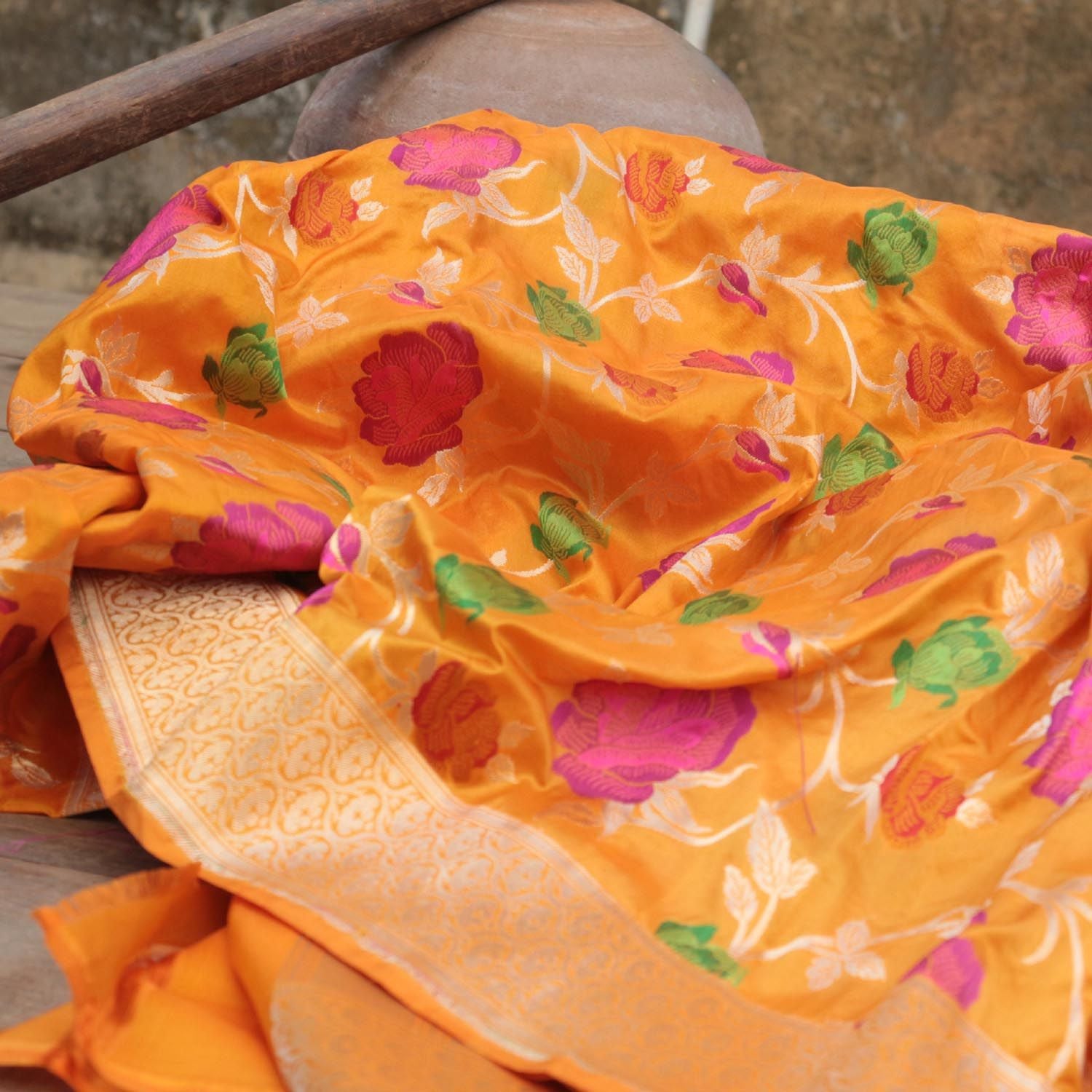Orange-Yellow Pure Katan Silk Banarasi Handloom Dupatta - Tilfi