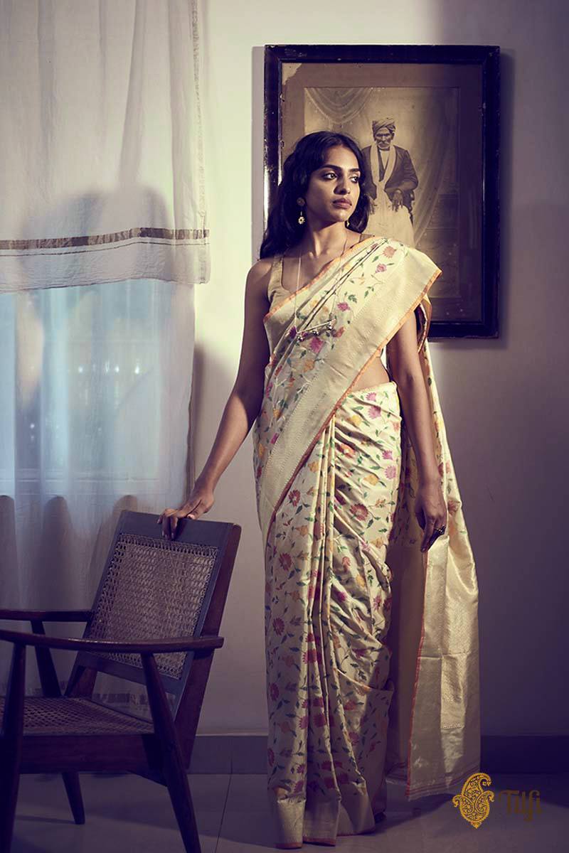 &#39;Leela&#39; Cream Pure Katan Silk Banarasi Floral Handloom Saree