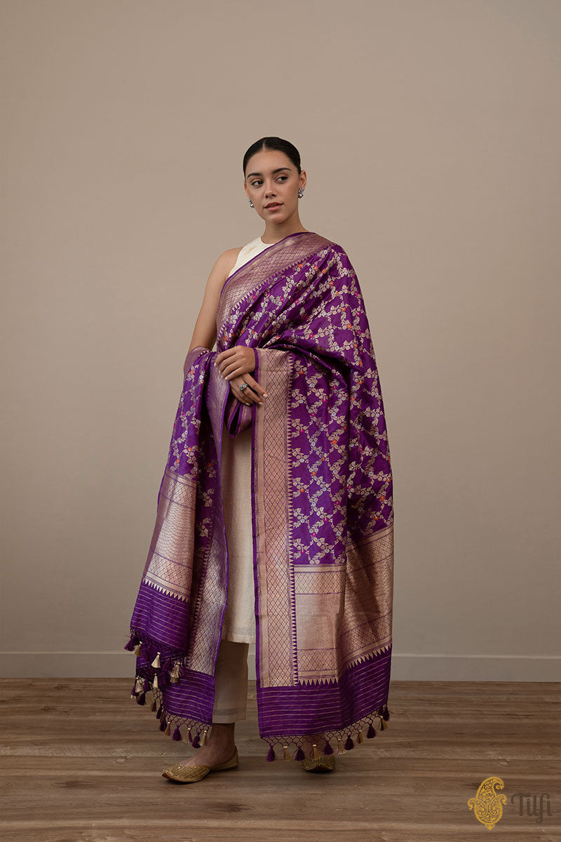 Purple Pure Katan Silk Banarasi Handloom Dupatta