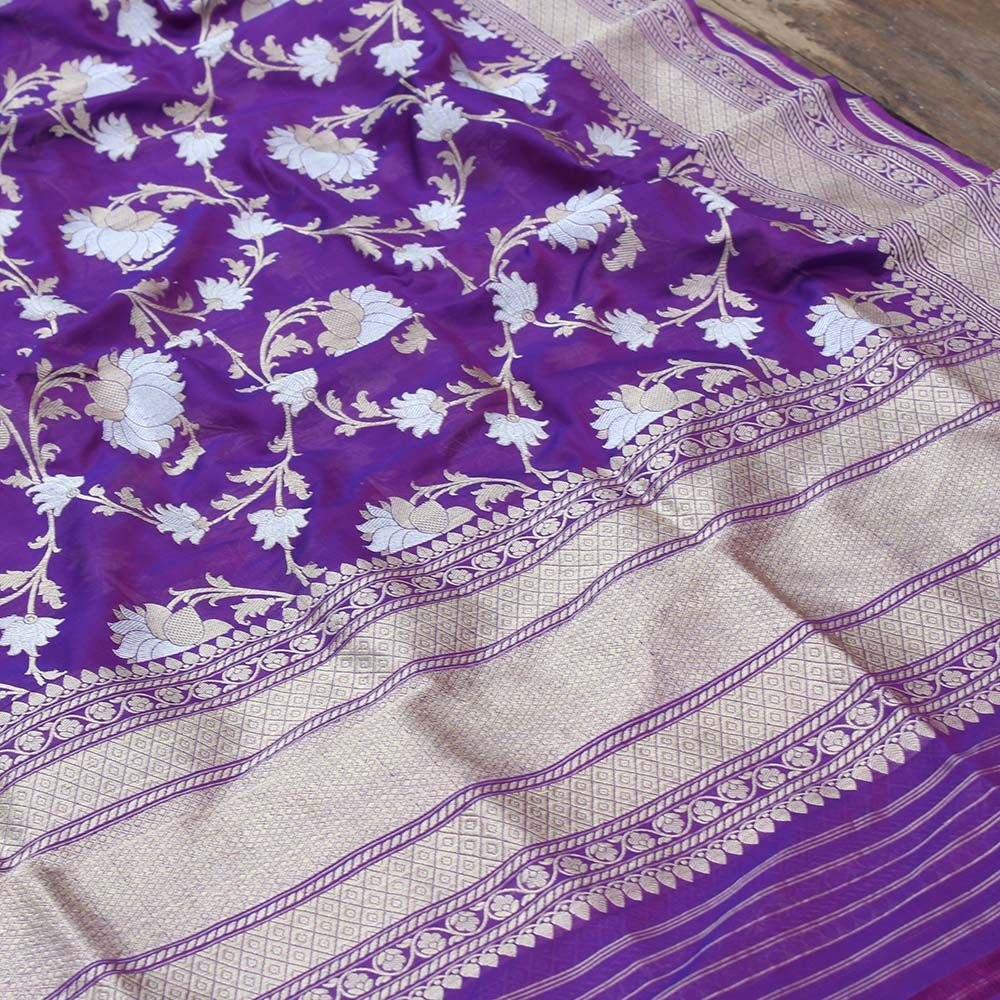 Purple Pure Silk Georgette Banarasi Handloom Dupatta - Tilfi