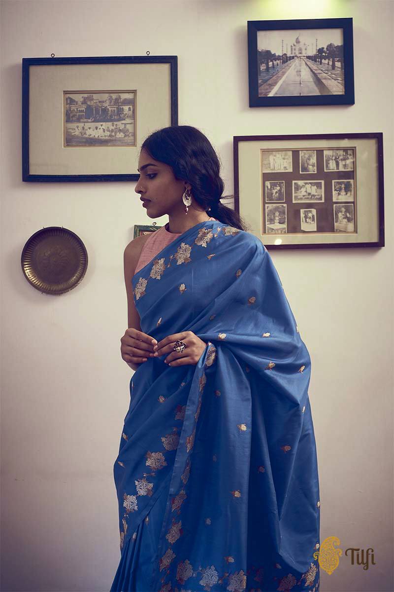 Sapphire Blue Pure Katan Silk Banarasi Handloom Saree