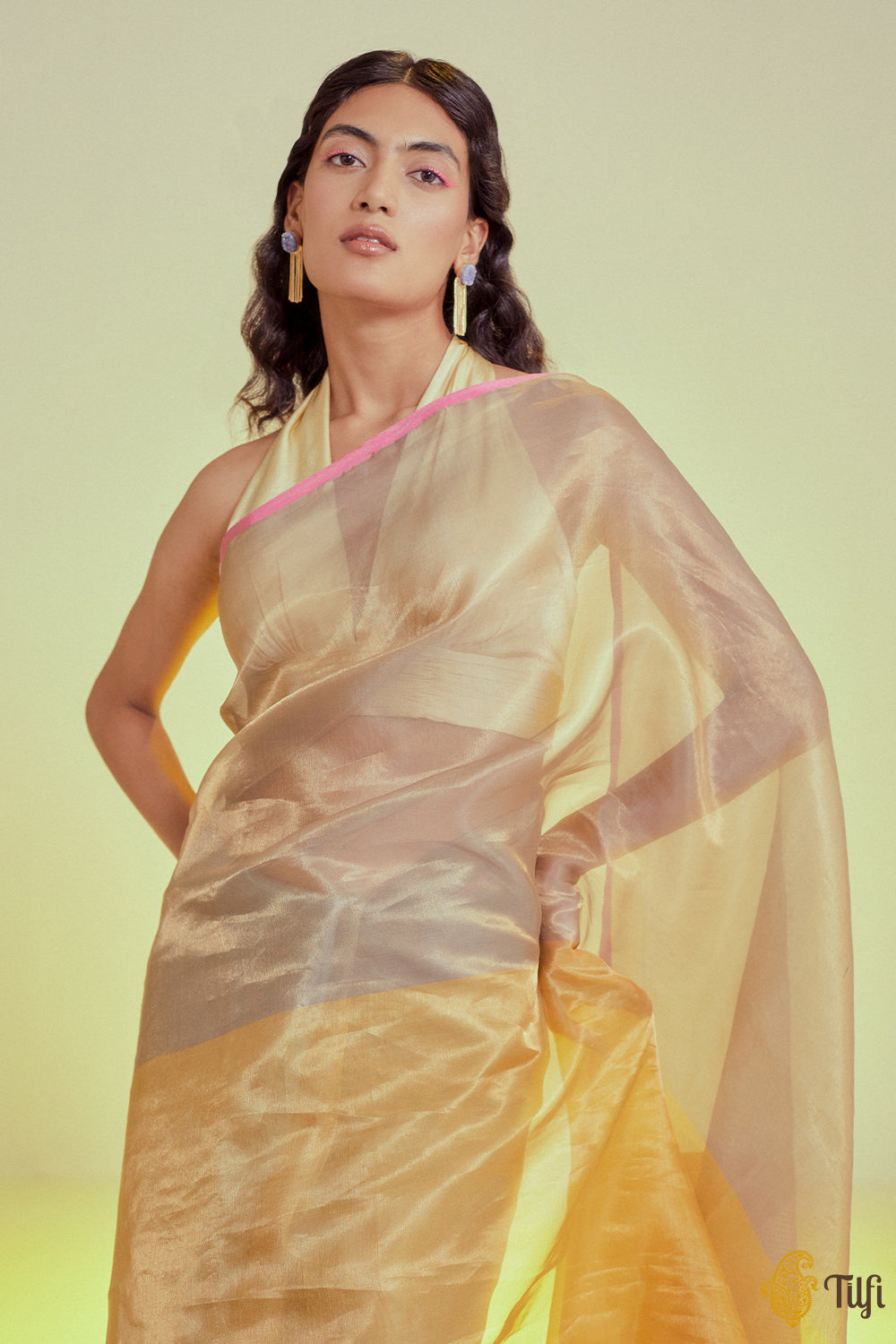 Pre-Order: Yellow-Grey Pure Kora Silk Tissue Banarasi Handloom Saree
