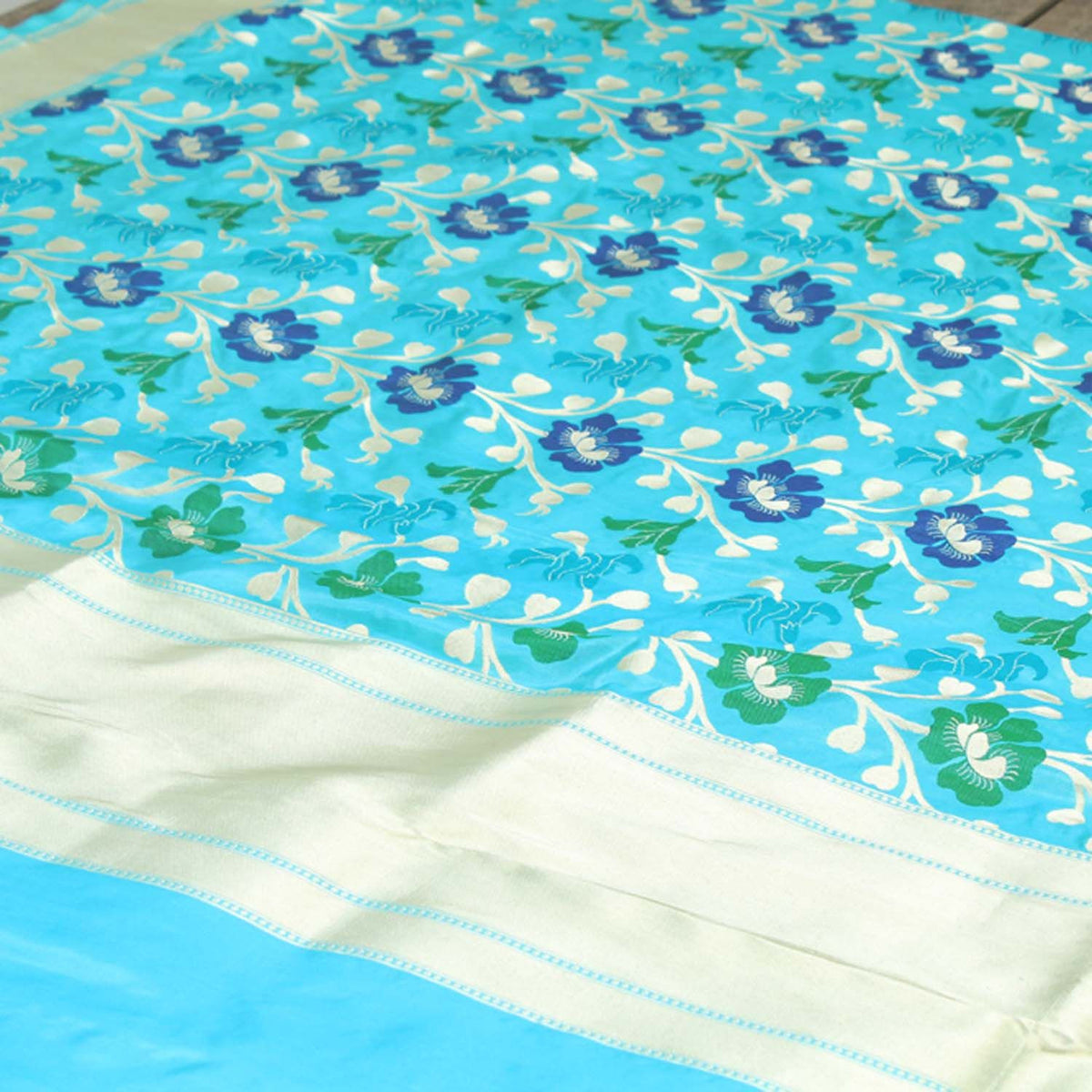 Ferozi Blue Pure Katan Silk Banarasi Handloom Dupatta - Tilfi - 2