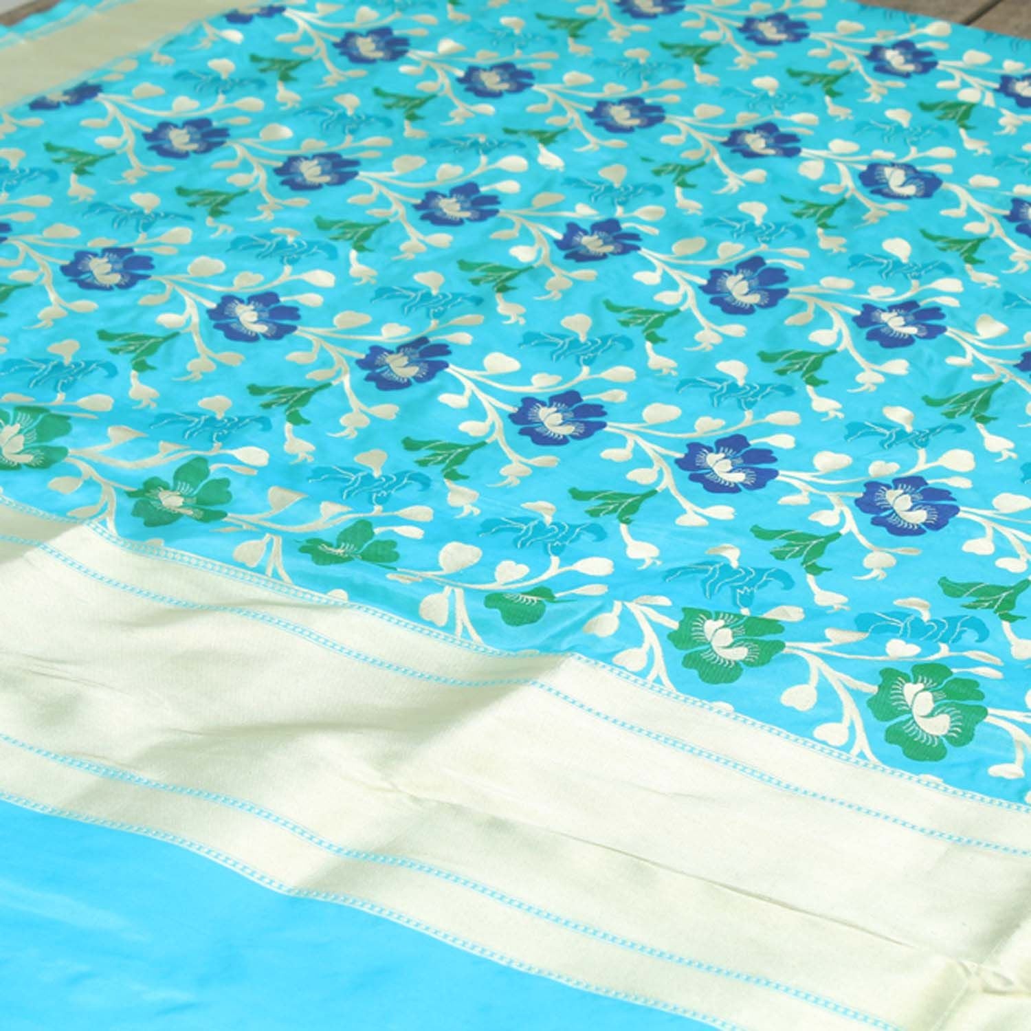 Ferozi Blue Pure Katan Silk Banarasi Handloom Dupatta - Tilfi