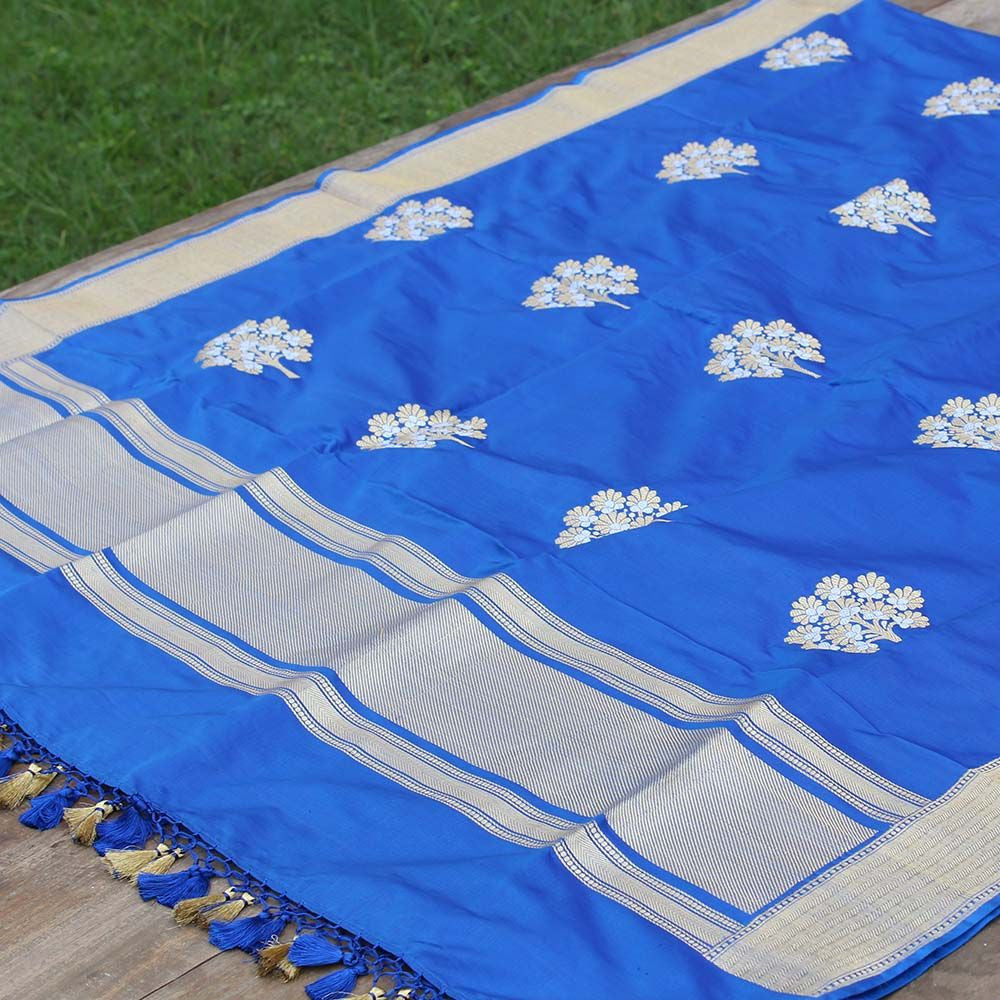 Royal Blue Pure Katan Silk Banarasi Handloom Dupatta - Tilfi - 2