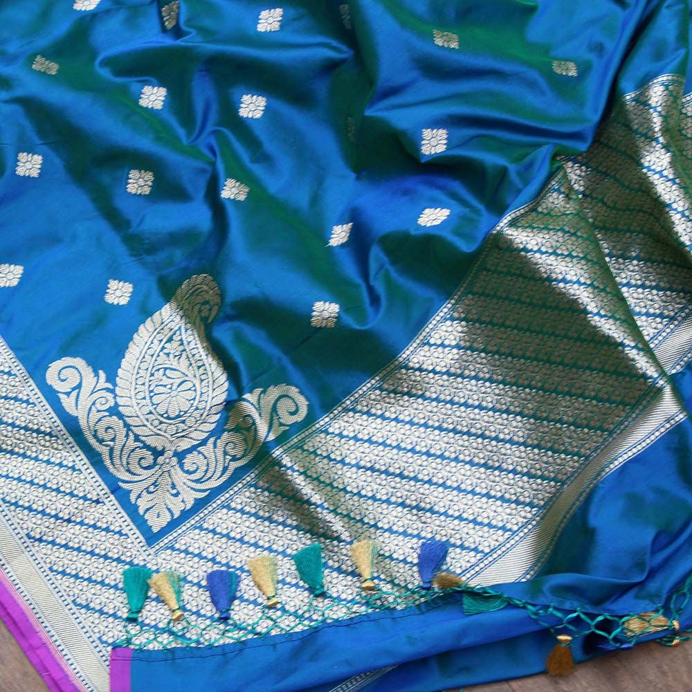 Green-Royal Blue Pure Katan Silk Banarasi Handloom - Tilfi