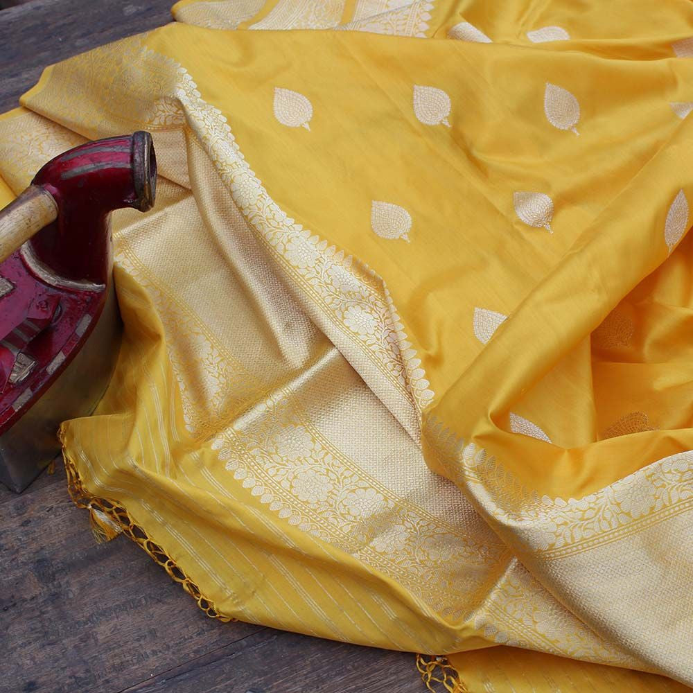Yellow Pure Katan Silk Banarasi Handloom Dupatta - Tilfi - 1