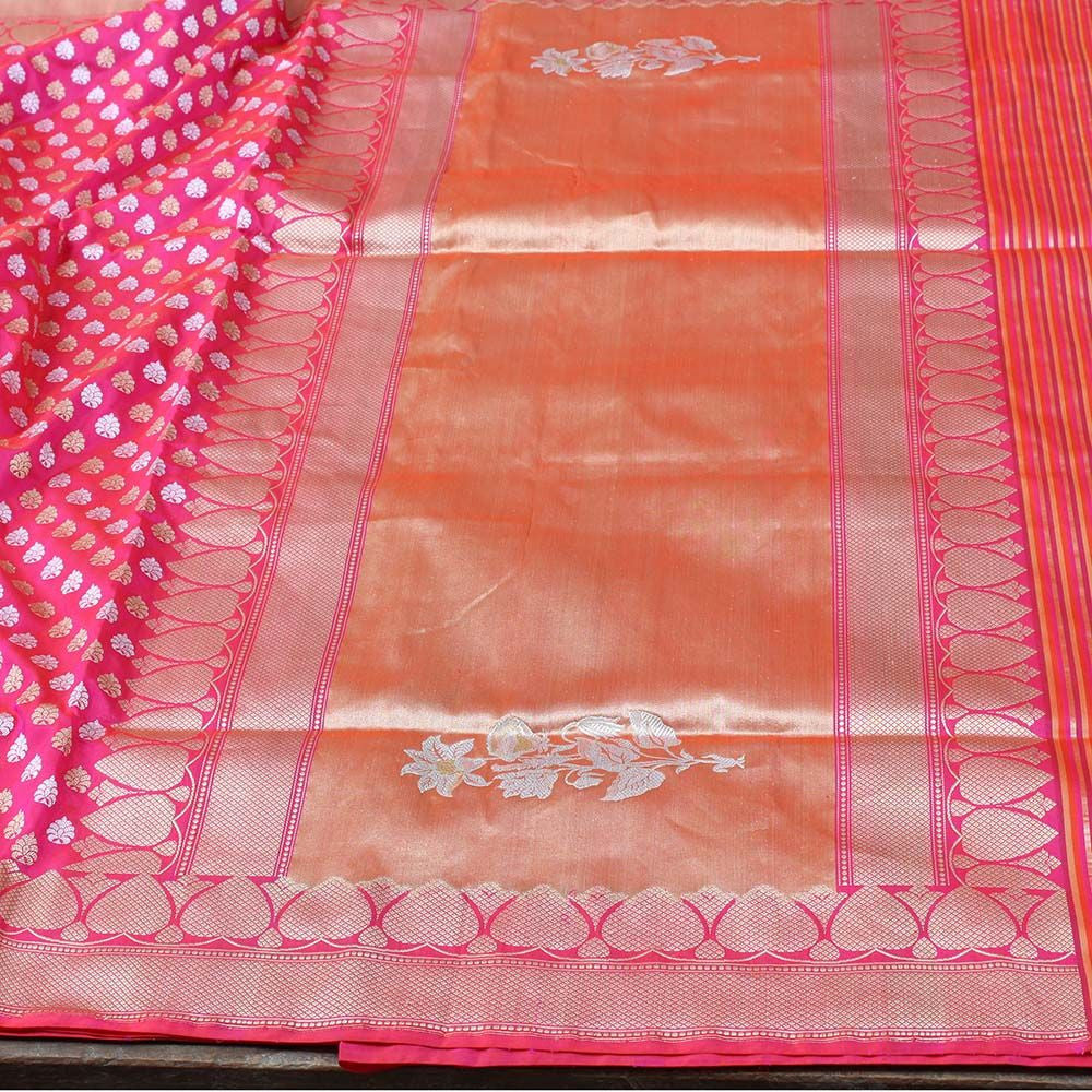 Orange-Indian Pink Pure Katan Silk Banarasi Handloom Saree - Tilfi - 3