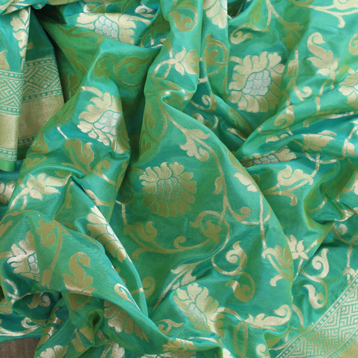 Mehendi Green-Ferozi Blue Pure Katan Silk Banarasi Handloom Dupatta - Tilfi