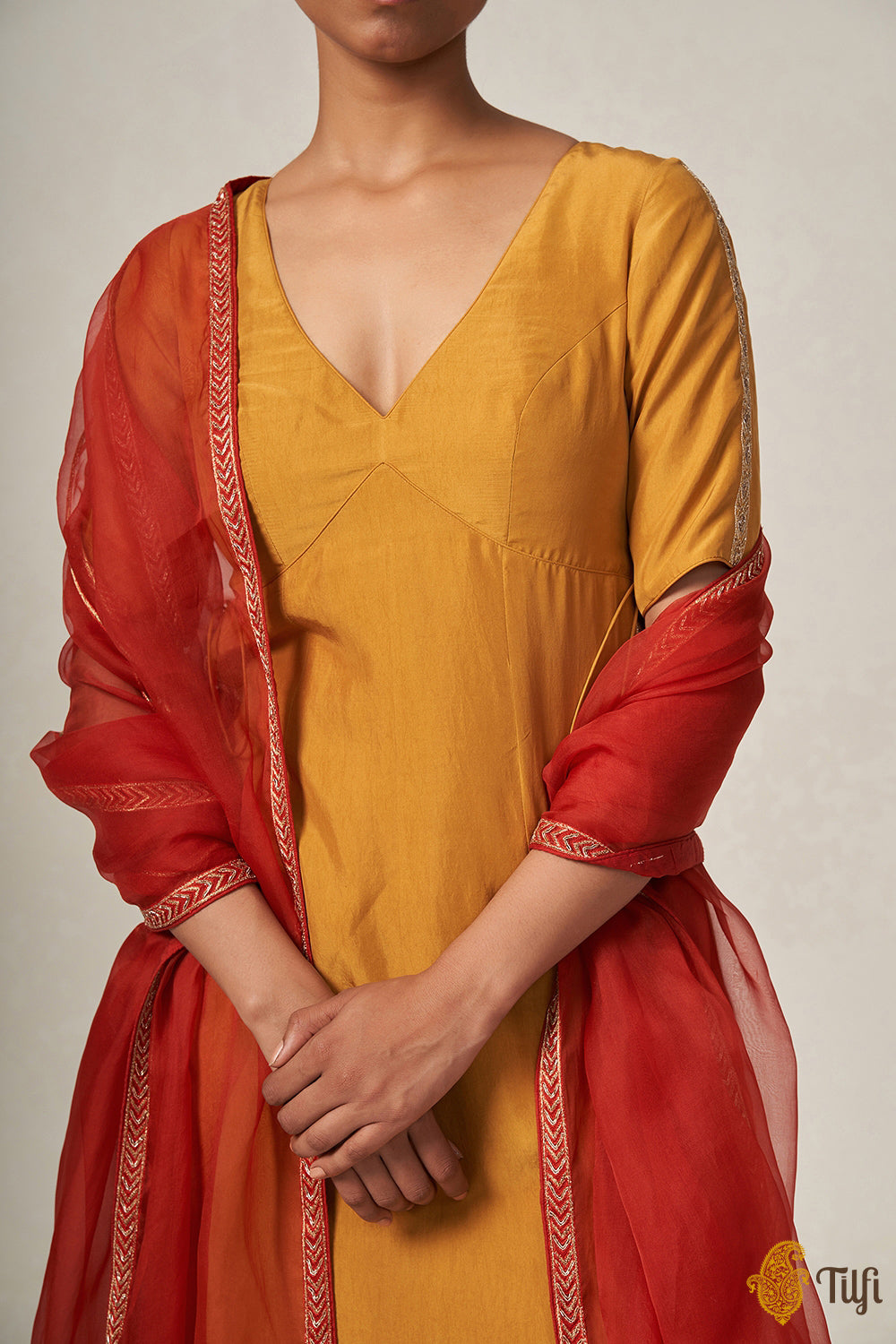 &#39;Kaumari&#39; Mustard Yellow Pure Handloom Silk Brocade Suit Set