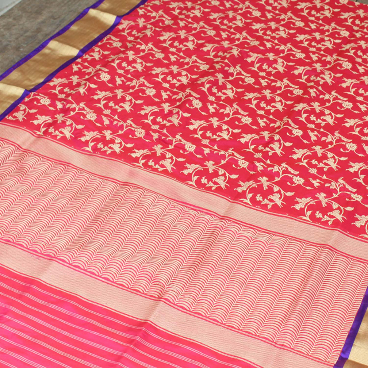 Gulabi Pink-Red Pure Katan Silk Banarasi Handloom Dupatta - Tilfi - 2