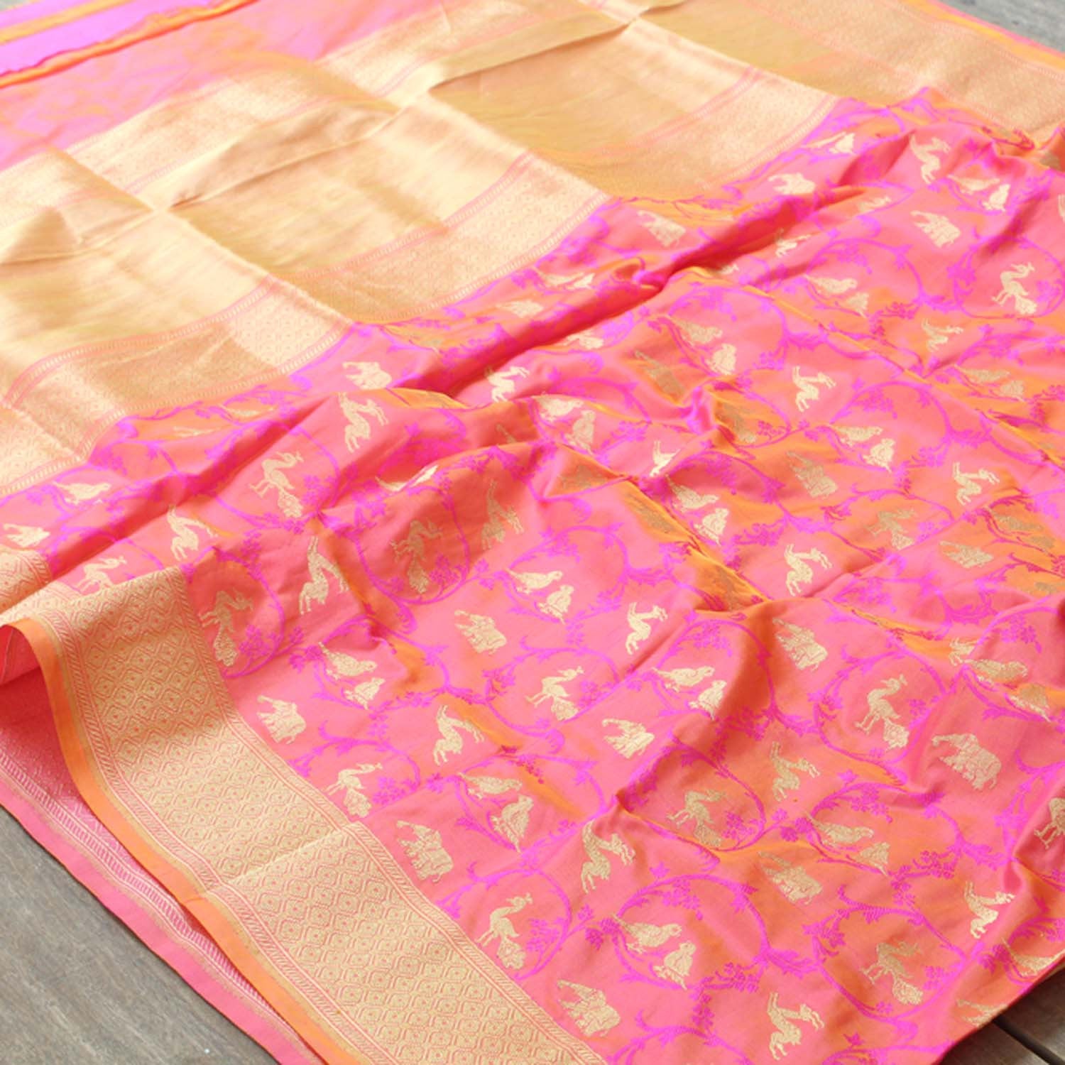 Gold-Gulabi Pink Pure Katan Silk Banarasi Handloom Dupatta - Tilfi