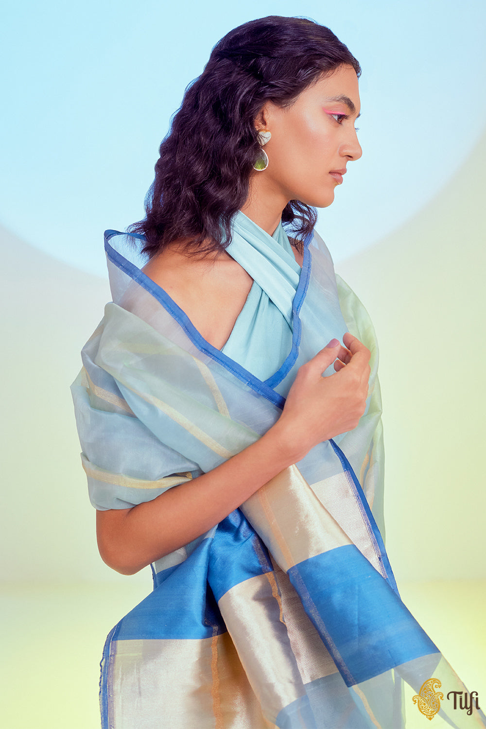 Pastel Green-Blue Pure Kora Silk Banarasi Handloom Saree