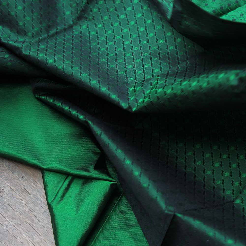 Off-White Pure Katan Silk Dupatta &amp; Emerald Green Pure Katan Silk Fabric