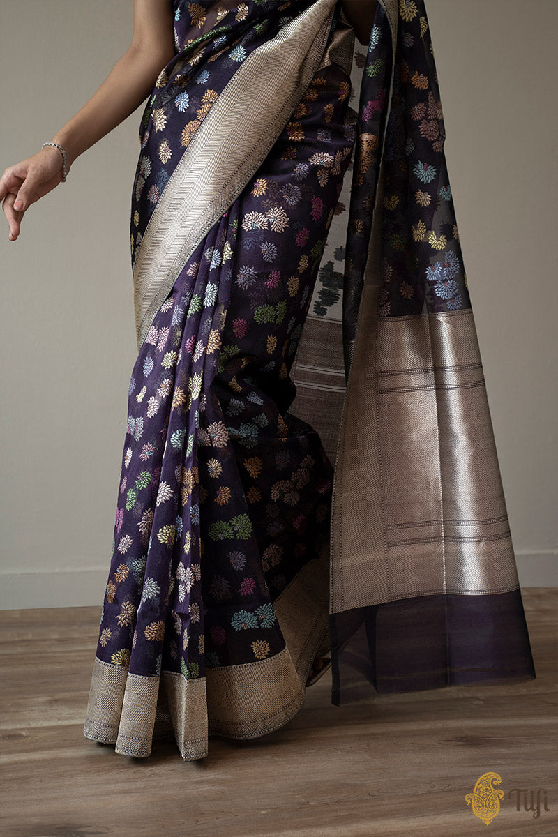 &#39;A Floral Treat&#39; Deep Purple-Blue Pure Kora Silk Banarasi Handloom Saree