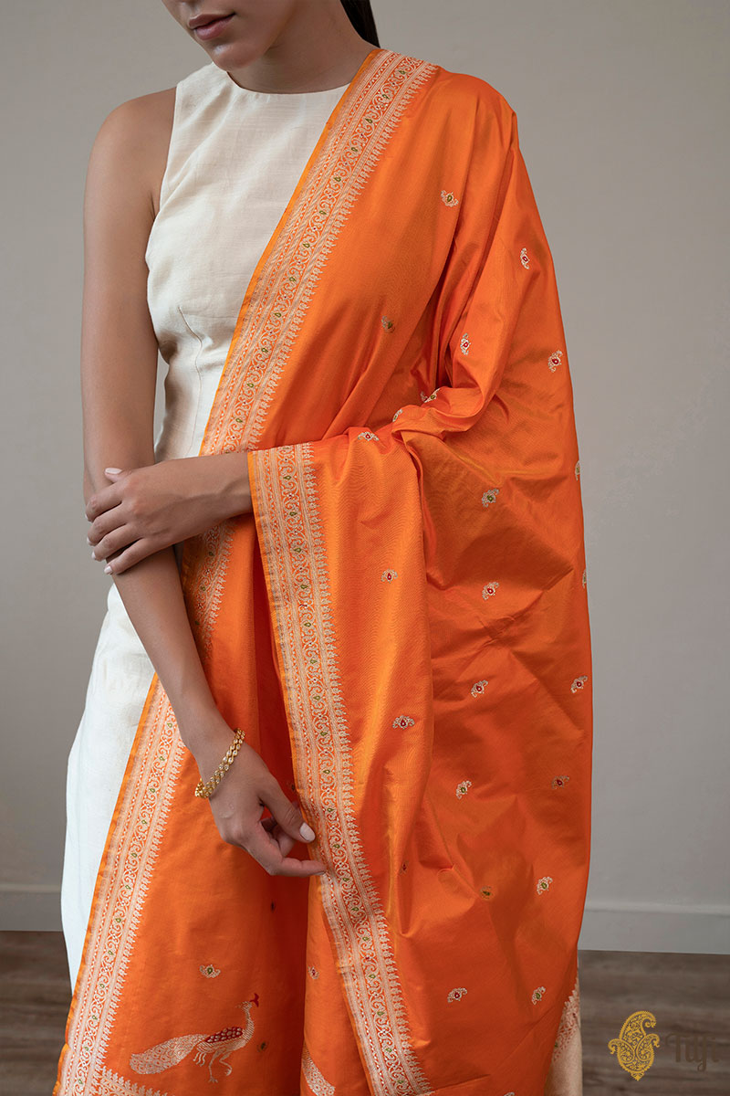 Orange Pure katan Silk Banarasi Handloom Dupatta