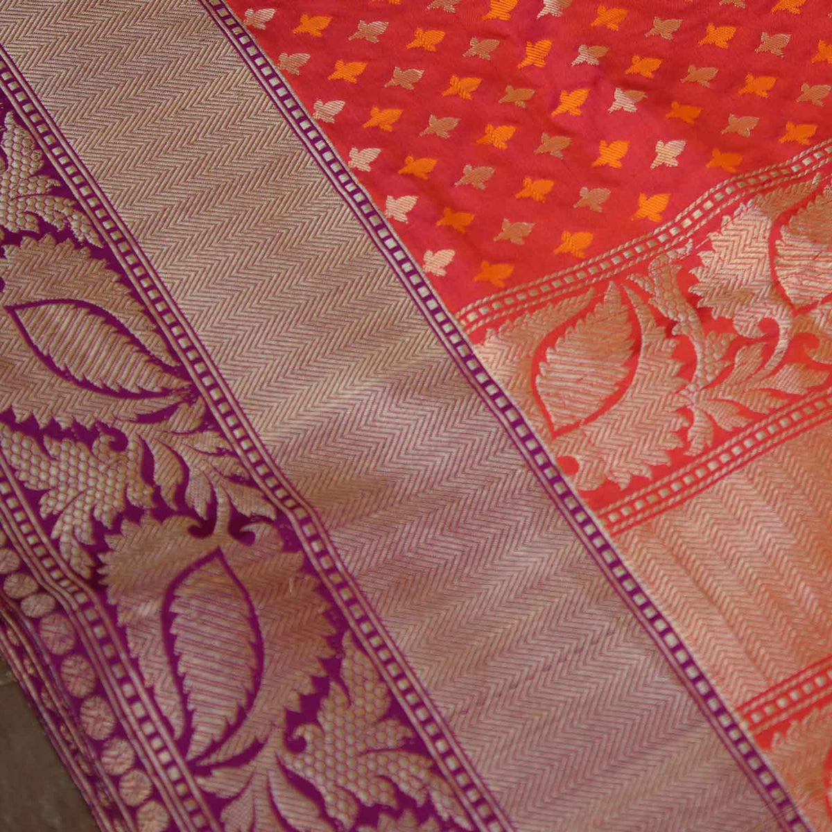 Orange-Indian Pink Pure Katan Silk Banarasi Handloom Saree - Tilfi - 4