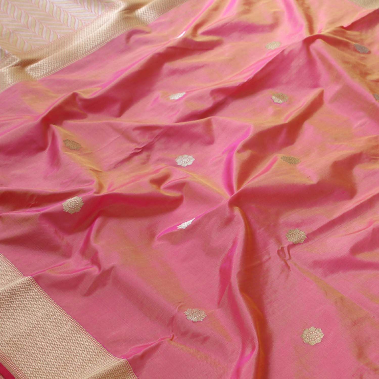 Yellow-Gulabi Pink Pure Katan Silk Banarasi Dupatta - Tilfi - 1
