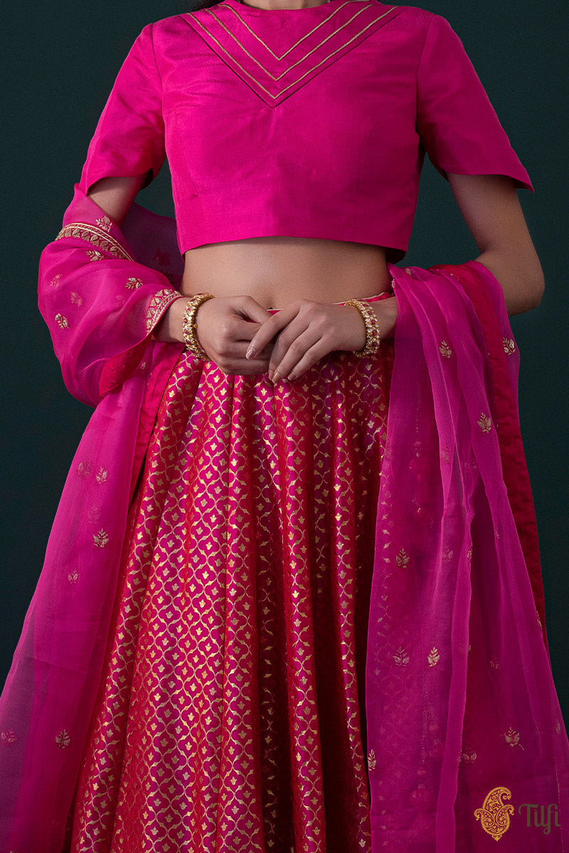 Red-Rani Pink Pure Katan Silk Banarasi Handloom Lehenga Set