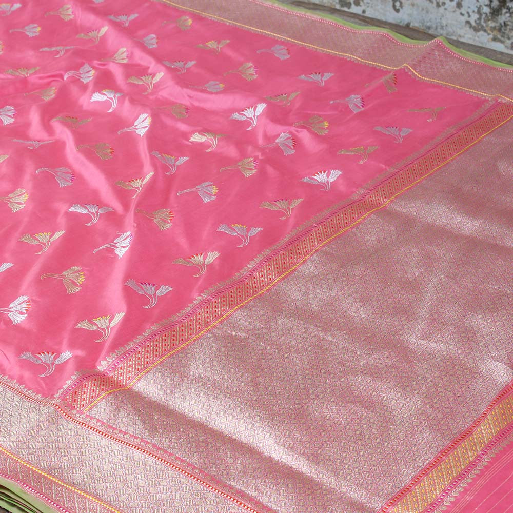 Rose Pink Pure Katan Silk Banarasi Handloom Saree - Tilfi - 3