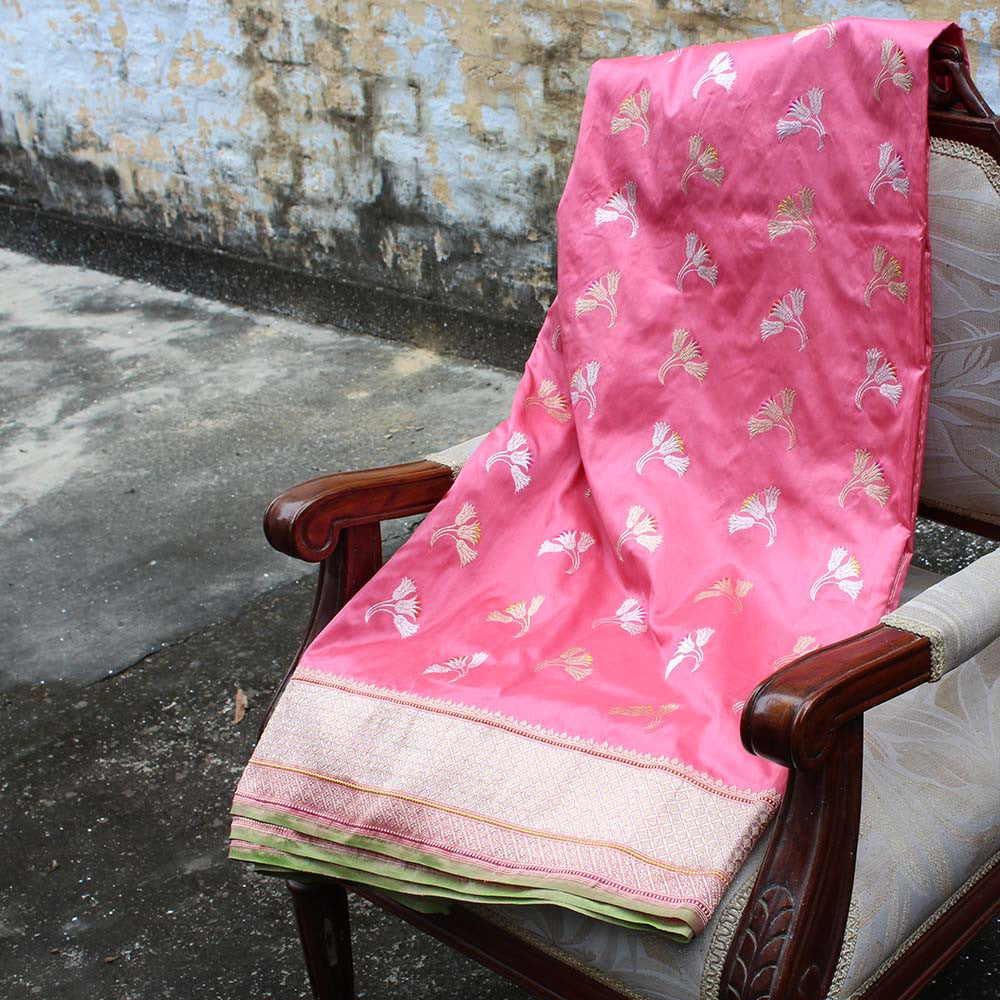 Rose Pink Pure Katan Silk Banarasi Handloom Saree - Tilfi - 2