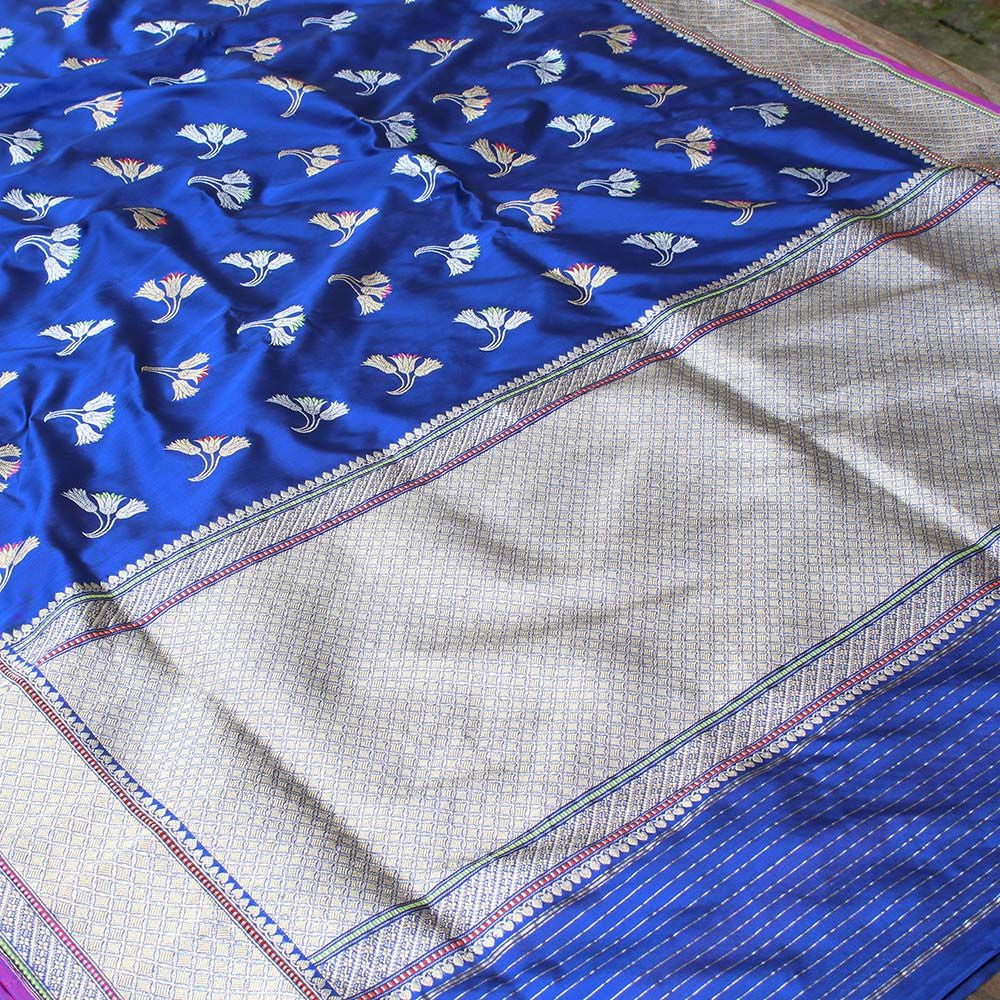 Midnight Blue Pure Katan Silk Banarasi Handloom Saree - Tilfi - 2