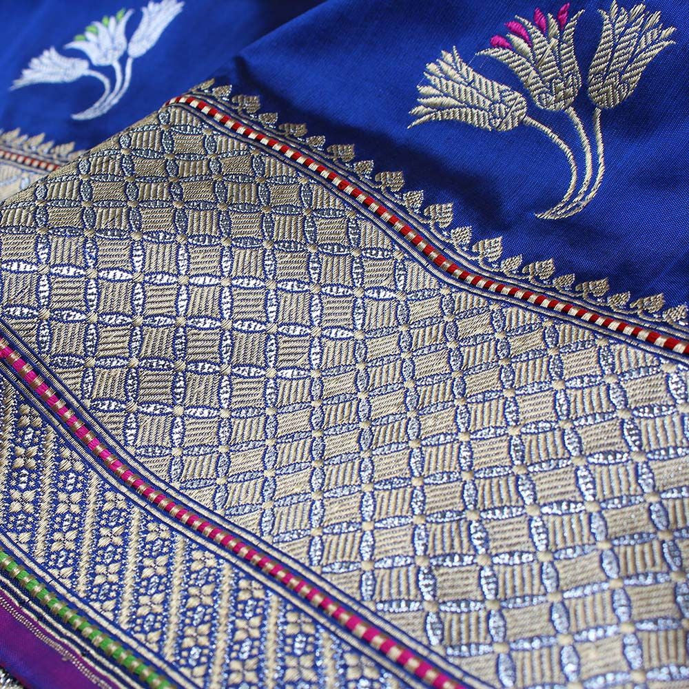 Midnight Blue Pure Katan Silk Banarasi Handloom Saree - Tilfi - 4
