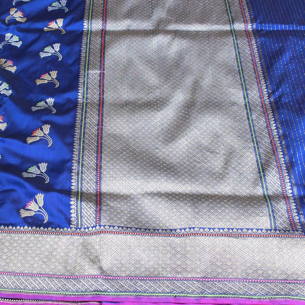 Midnight Blue Pure Katan Silk Banarasi Handloom Saree - Tilfi - 3