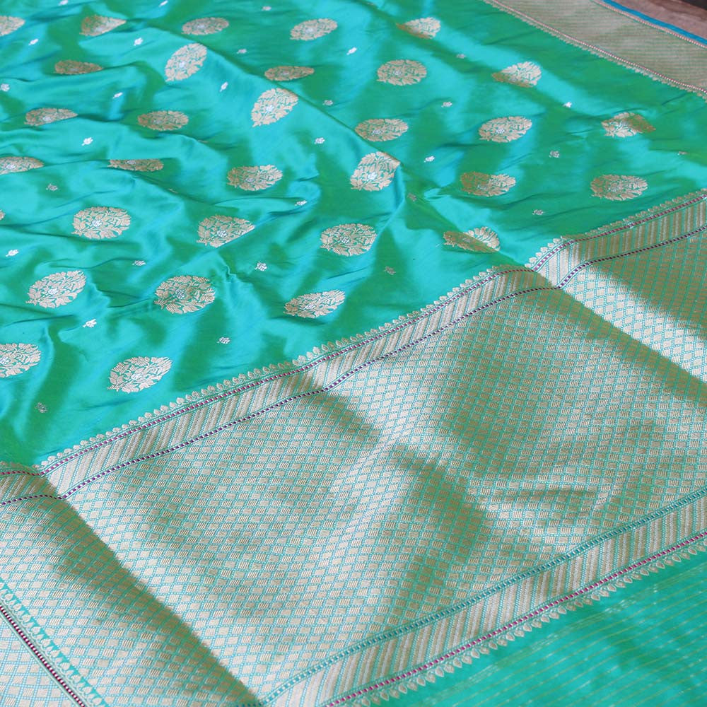 Sea Green Pure Katan Silk Banarasi Handloom Saree - Tilfi - 2