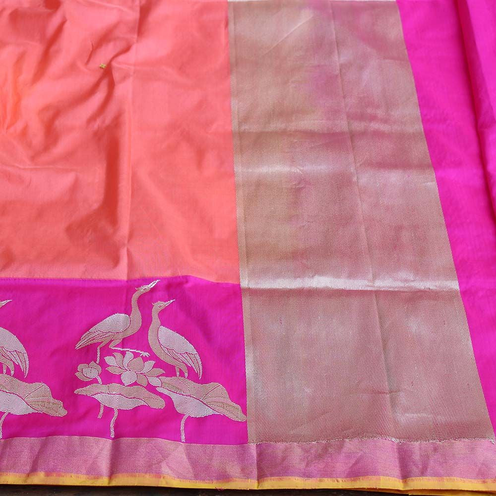 Peach Pure Katan Silk Banarasi Handloom Saree - Tilfi