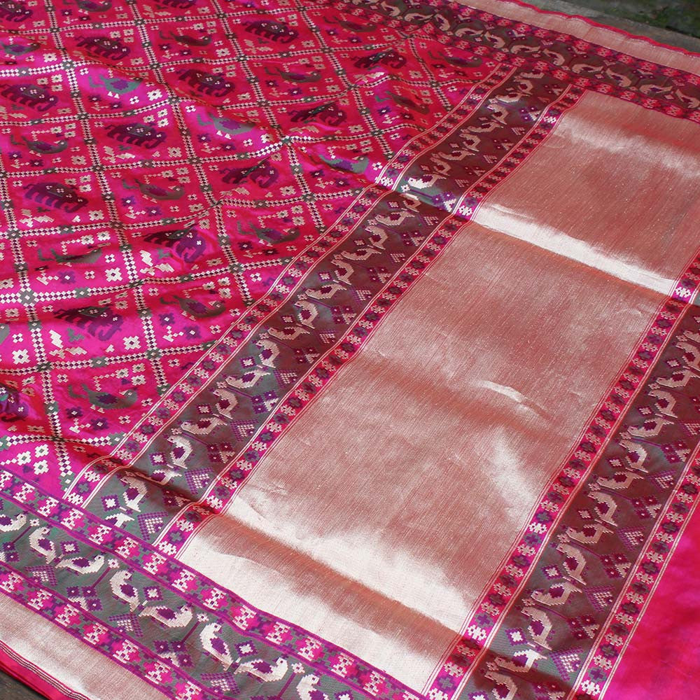 Red-Indian Pink Pure Katan Silk Banarasi Handloom Saree - Tilfi - 2