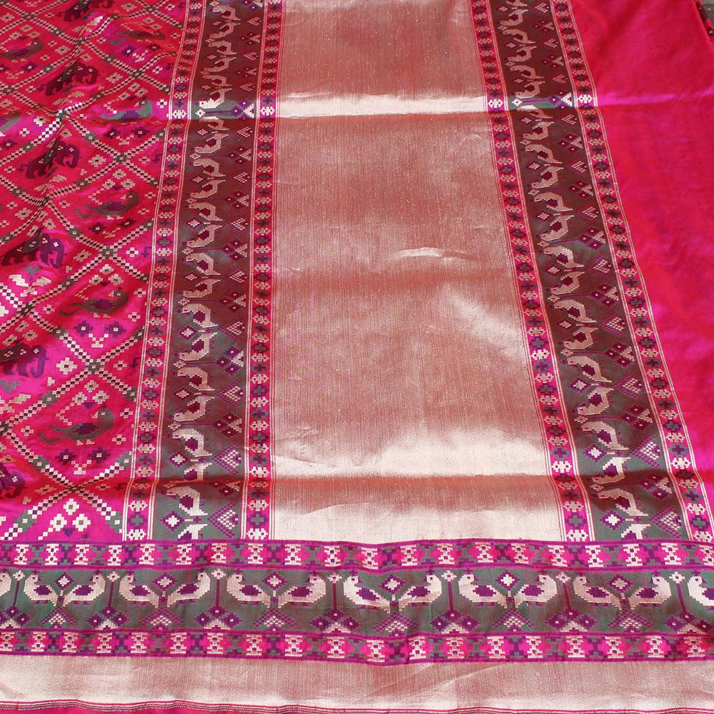 Red-Indian Pink Pure Katan Silk Banarasi Handloom Saree - Tilfi - 3
