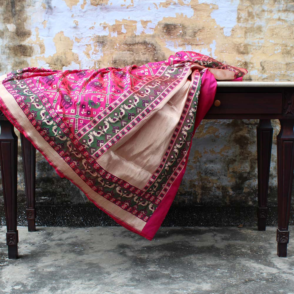 Red-Indian Pink Pure Katan Silk Banarasi Handloom Saree - Tilfi