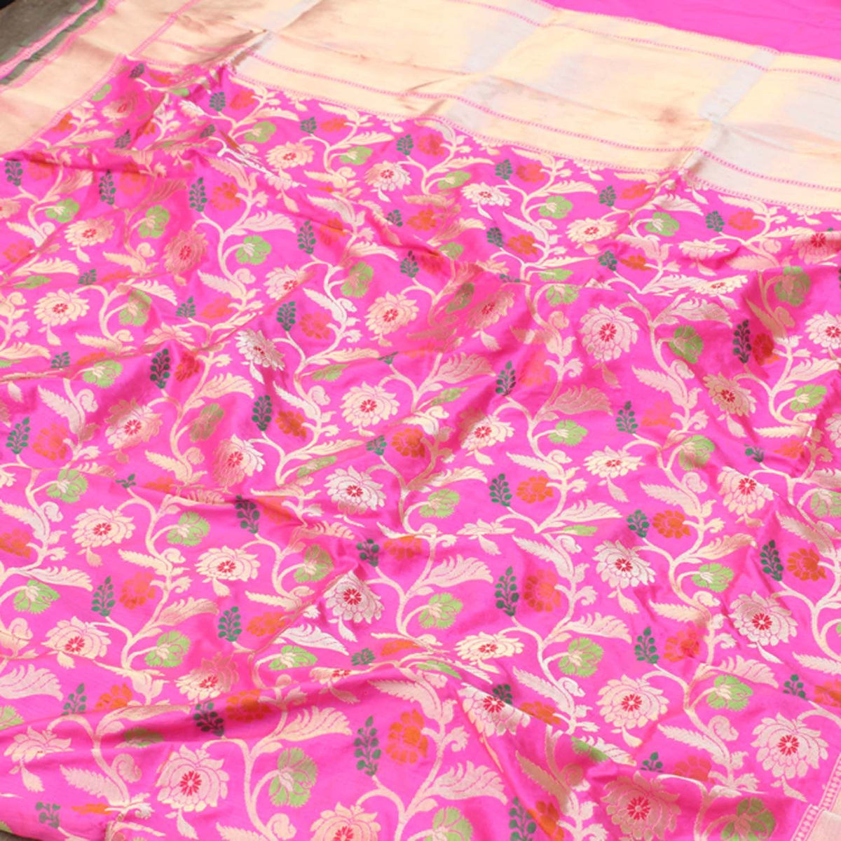 Fuschia Gulabi Pink Pure Katan Silk Banarasi Handloom Dupatta - Tilfi