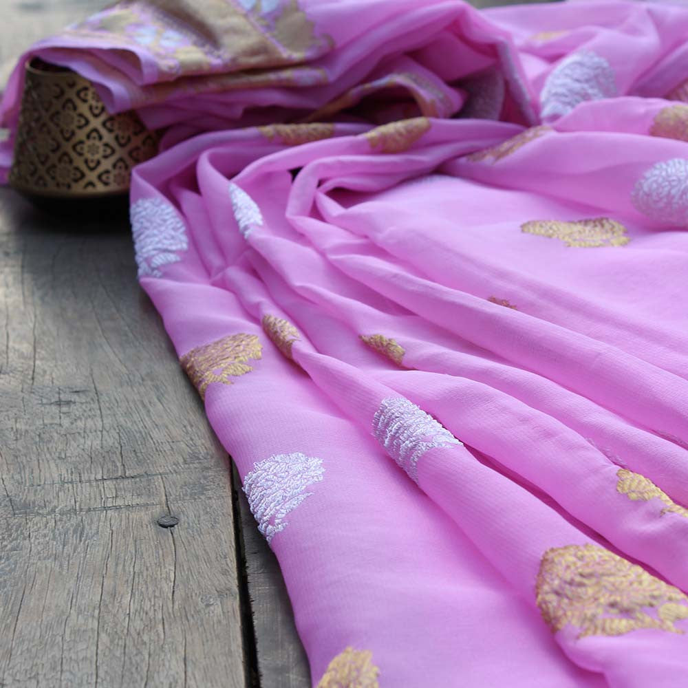 Pink Pure Chiffon Georgette Banarasi Handloom Saree - Tilfi