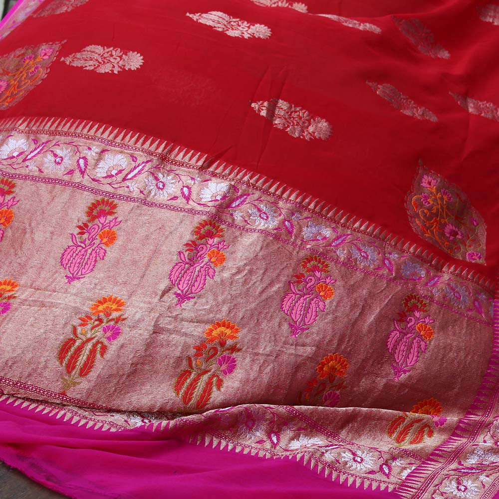 Red Pure Chiffon Georgette Banarasi Handloom Saree