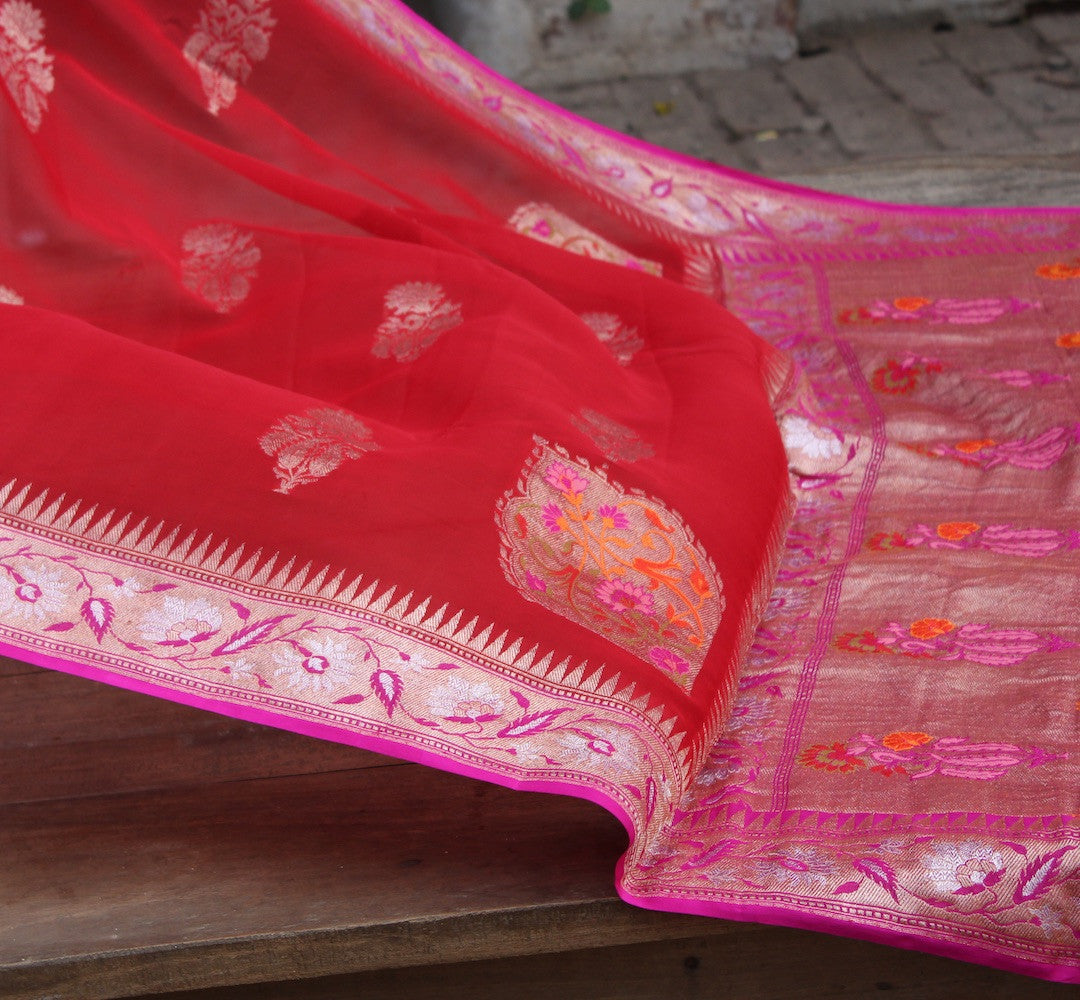 Red Pure Chiffon Georgette Banarasi Handloom Saree - Tilfi