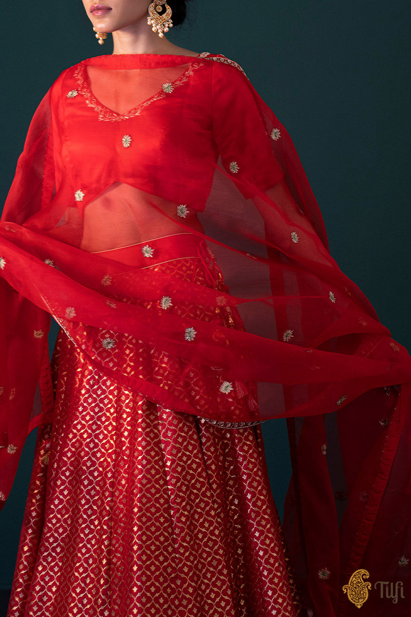 Red Pure Katan Silk Banarasi Handloom Lehenga Set