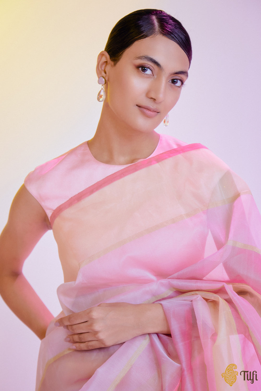 Pink-Yellow Pure Kora Silk Banarasi Handloom Saree