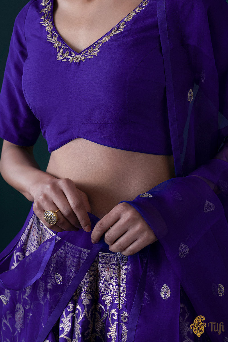 Blueish-Purple Pure Katan Silk Banarasi Handloom Lehenga Set