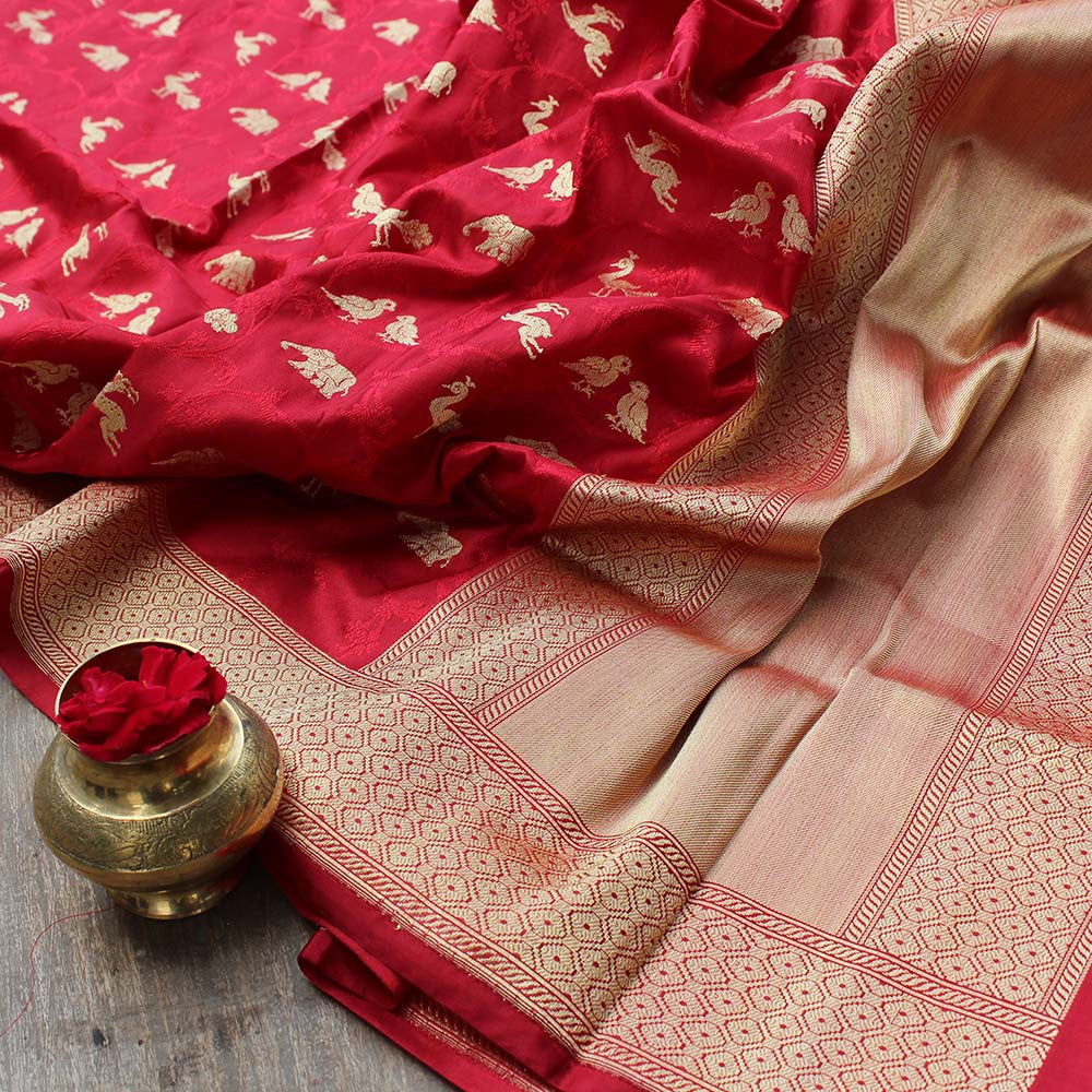 Red Pure Katan Silk Dupatta &amp; Beige Pure Katan Silk Fabric
