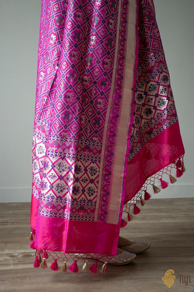 Rani Pink-Red Pure Katan Silk Banarasi Handloom Patola Dupatta