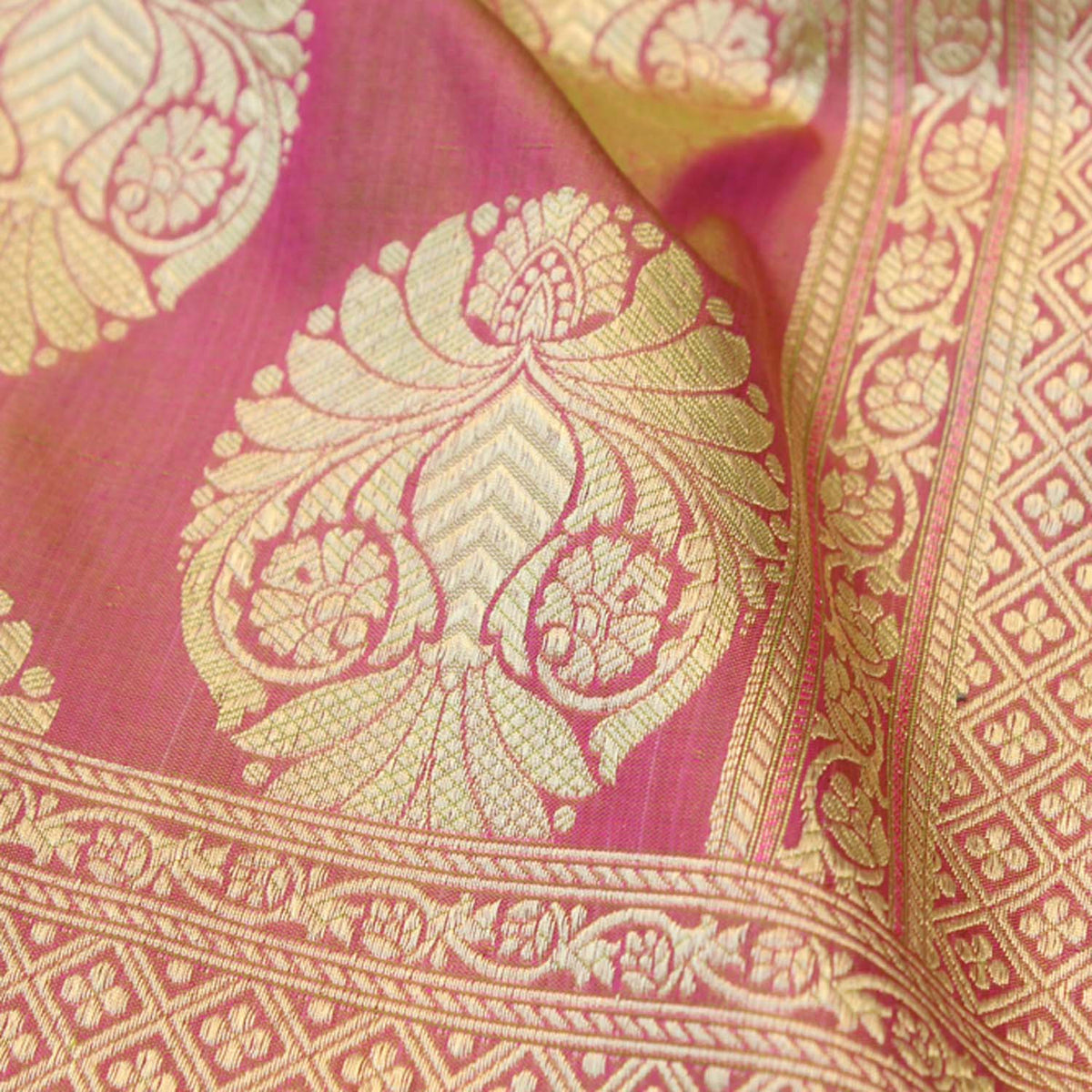 Gulabi-Pink-Mehendi-Green Pure Katan Silk Banarasi Handloom Dupatta - Tilfi - 3